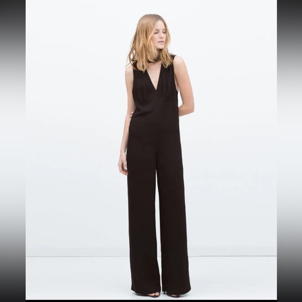 ZARA High Neck Choker Collar Long Jumpsuit Wide Leg Palazzo Black Size Small NWT